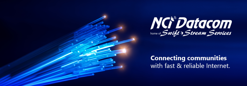 A glowing fiber optic cable. The NCI Datacom logo is off to the side with the text, connecting communities with fast and reliable internet.