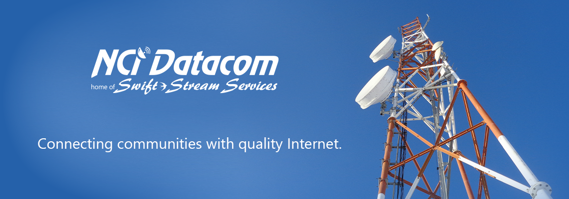 An image of a wireless internet tower with the NCI Datacom logo off to the side and text saying, Connecting communities with quality Internet